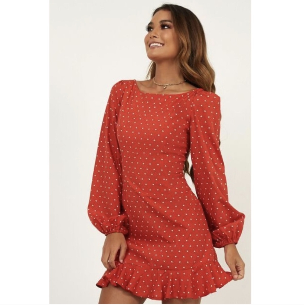 ShowPo Balloon Sleeve Red Heart Mini Dress | US 8